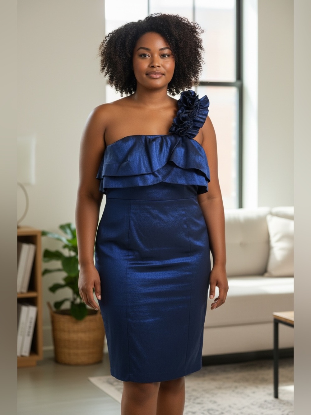 Snap One-Shoulder Ruffle Dress in Deep Blue